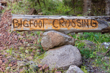 Bigfoot Crossing sign along a remote road in the White Mountains of Arizona.