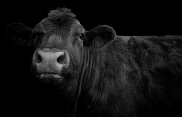 Close-up of a cow looking at camera and isolated on black background