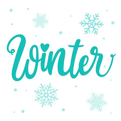 Vector illustration text and lettering winter with snowflakes
