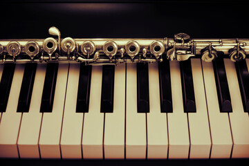 A large concert transverse flute lies on the piano keys © Андрей Журавлев
