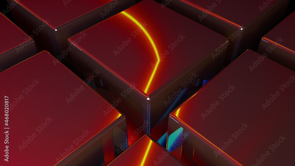 Poster bright lines 3d render of squares with laser curved line in reflection. digital abstraction of elect