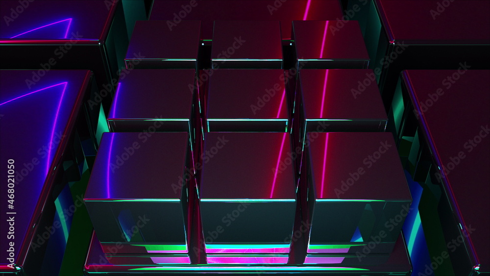 Aufkleber bright lines 3d render of squares with laser curved line in reflection. digital abstraction of elect