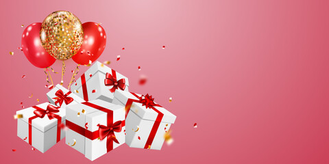 Vector illustration with several gift boxes with red ribbons and bows, golden and silver balloons and small blurry pieces of serpentines on pink background