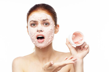 emotional woman cream face mask bare shoulders health