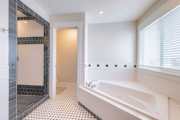 Fototapeta na wymiar Large bathroom interior with white and black tiles