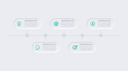 Neumorphic flow chart infographic. Creative concept for infographic with 5 steps, options, parts or processes.