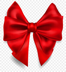 Beautiful big bow made of red ribbon with shadow, isolated on transparent background. Transparency only in vector format