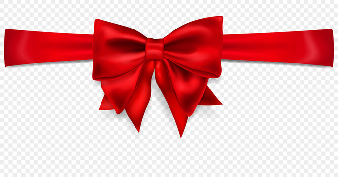 Beautiful red bow with horizontal ribbon with shadow, isolated on transparent background. Transparency only in vector format