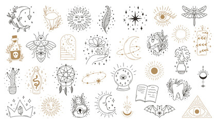 Boho mystic doodle esoteric set. Magic line art poster with moon, hand, flower. © anya