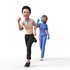 Man running away in fear from nurse with vaccine. Anti-vaxxer concept. Isolated on white. - 468023641