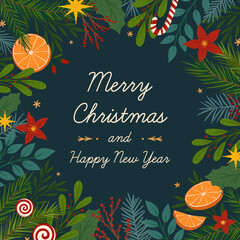 Christmas and Happy New Year greeting banner template.Festive vector layout with hand drawn traditional winter holiday symbols.Xmas trendy design for banners,invitations,prints,social media.