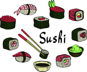 Sushi rolls, asian food, hand drawn vector illustration and lettering isolated on bright background. Concept for logo, menu, cards