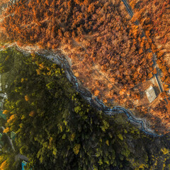 mountain river in autumn, nature of kazakhstan, aerial photography