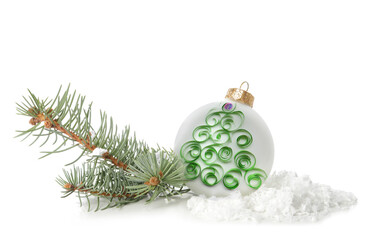 Fototapeta na wymiar Beautiful Christmas ball with snow and fir tree branches on white background