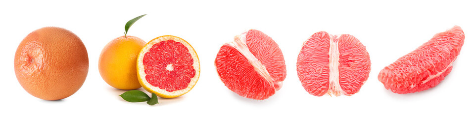 Fresh grapefruits with different pieces on white background