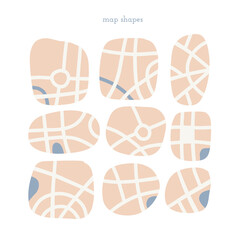 Minimalist cartoon backdrop set with town streets. Basis for creating decorative children's maps. Aerial view. Design element for web banner, card, poster. Vintage cartoon Flat vector illustration.