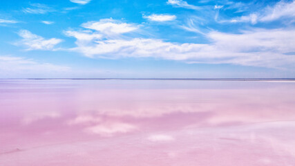 The pink water. Algae that grows in high levels of salt. Pink lake in Kherson region, Ukraine.