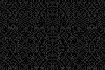 Embossed black background design, banner with geometric volumetric convex ethnic trendy 3D pattern. Vintage oriental, Indian, Mexican, Aztec style, doodling technique, art deco.