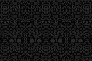 Embossed black background design, banner with geometric volumetric convex ethnic beautiful 3D pattern. Vintage oriental, Indian, Mexican, Aztec style, doodling technique, art deco.