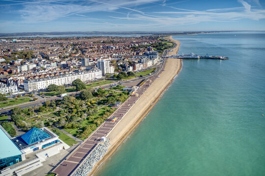 Aerial view of Southsea Rock Gardens on the seafront with a view towards Southsea Pier.