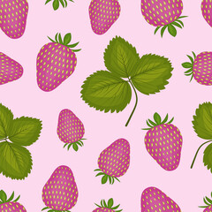 Pink strawberry with leaves vector seamless pattern