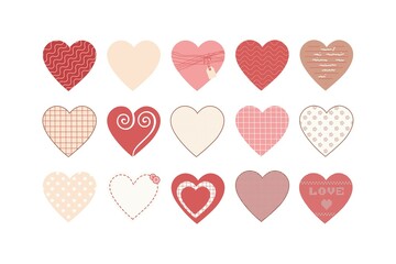 Set of fifteen beautiful pink hearts, isolated on white for your graphic design. Hand drawn. Vector illustration.