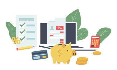 Tax Payment via Internet, Online Government Service Financial Concept. Laptop, Tax Form, Piggy Bank, Calculator or Coins