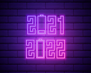 2022 neon signboard. Happy New Year. Realistic pink neon numbers on dark brick wall. Vector 2022 in neon linear style