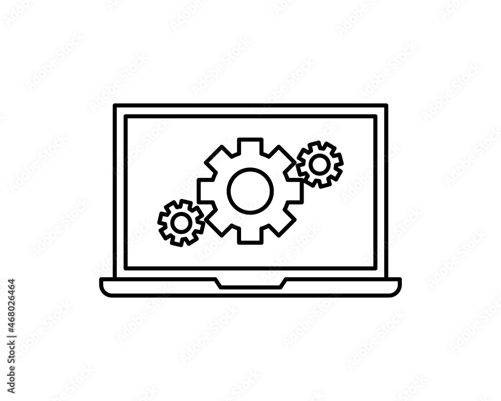 Poster technical support icon. computer service. gears on screen laptop. isolated vector illuatration in fl