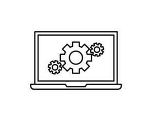 Technical support icon. Computer service. Gears on screen laptop. Isolated vector illuatration in flat style.