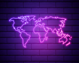 Neon world map. Vector illustration . Neon World Map isolated on brick wall background © Skiffcha