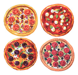 set of 4 pizzas in watercolor sketch marker style