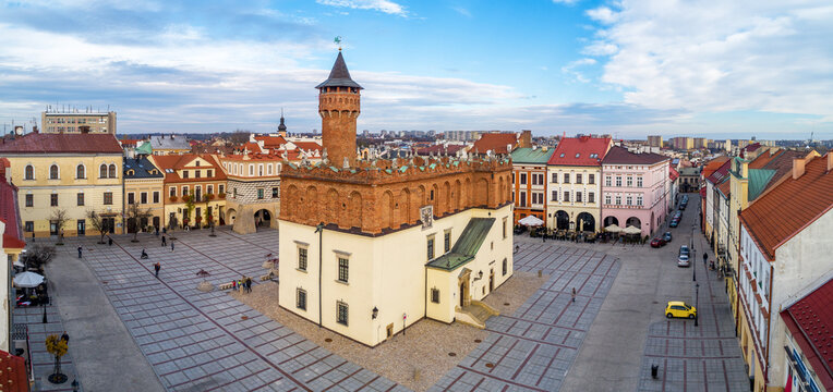 Tarnow, Poland. Renaissance town hall and tenement houses in old city main square often called the Perl of Polish renaissance