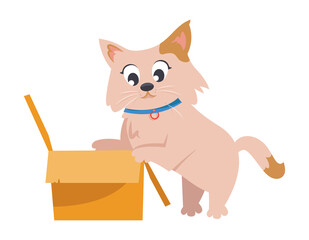 Domestic cat playing with cardboard box. Pet in cartoon style