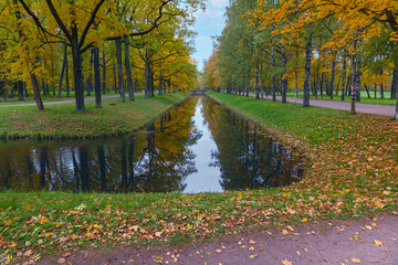 wide canal with reflection of beautiful autumn trees in autumn park in the suburbs of St. Petersburg, Russia
