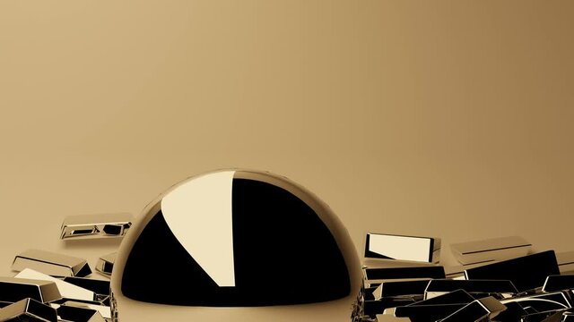 3d render. A golden ball rolls and crashes into a wall of gold ingots. Business and Wealth Concept.