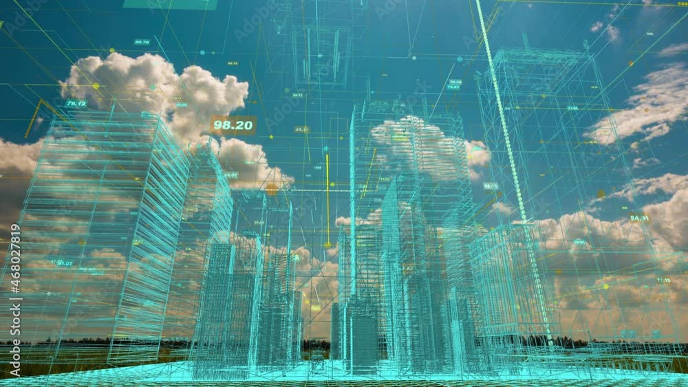 Poster abstract hologram 3d rendering of a city with a futuristic matrix. digital buildings with a network 
