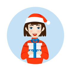 Cartoon girl with a gift. A Christmas present. Vector illustration with a girl for Christmas. A girl gives a gift for Christmas.