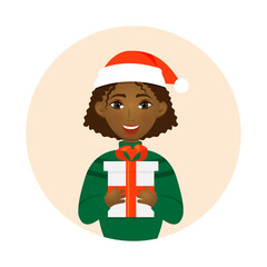 An African-American girl with a gift for Christmas. Cartoon African-American vector girl gives a gift for Christmas. Merry Christmas greetings.