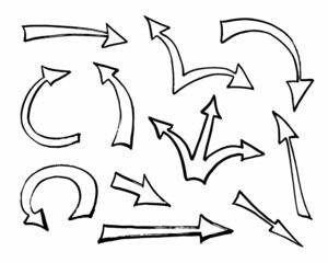 A set of drawn arrows.Grunge textures.Hand-drawn drawing.Vector illustration.Isolated on a white background