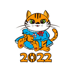 Cute cartoon tiger cub girl in dress with candy in hand with numbers 2022.