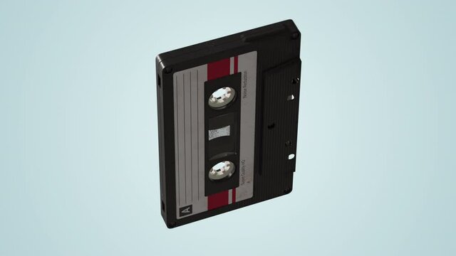 Compact audio cassette rotation, white background. Old school, 80s, 90s style clip. Bright, colorful, trendy 3D render dynamic concept. Analog media storage. Vintage retro Seamless loop 4K animation