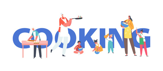 Happy Family Cooking at Home Concept. Mother, Father and Little Kids Characters on Kitchen Using Different Tools