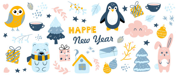 Christmas cards with a cute penguin, bear, hare, owl, trees, a cup of hot chocolate, Christmas toys in cartoon style. Background for fabric, textile, apparel, wallpaper. Gift packaging design.