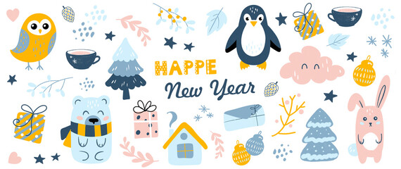 Fototapeta premium Christmas cards with a cute penguin, bear, hare, owl, trees, a cup of hot chocolate, Christmas toys in cartoon style. Background for fabric, textile, apparel, wallpaper. Gift packaging design.