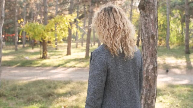 Portrait of young attractive curly woman walking in the autumn  park on a sunny day