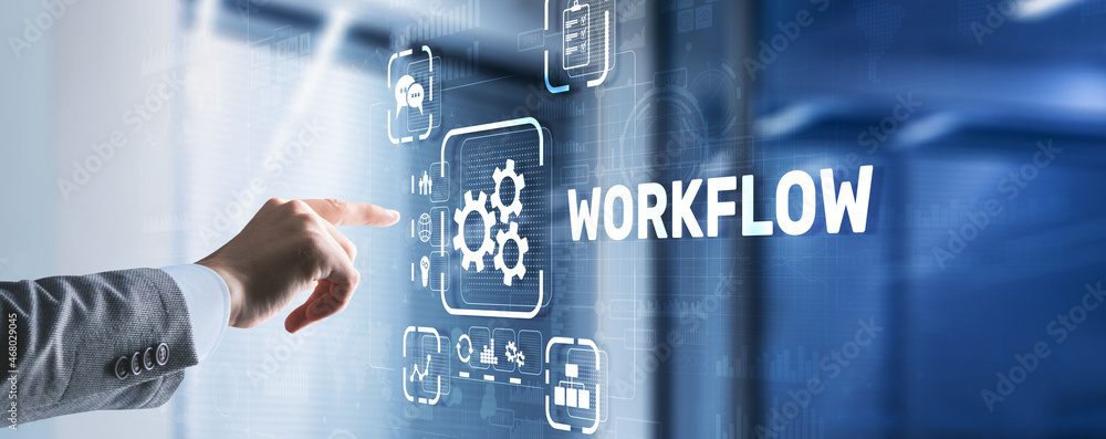 Poster workflow repeatability systematization buisness process. business technology internet