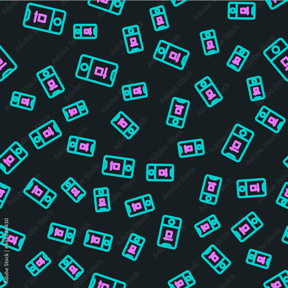 Poster line mobile phone with record frame camera icon isolated seamless pattern on black background. mobil
