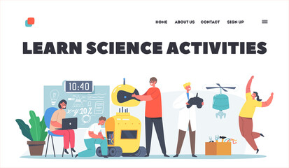 Kids Learn Science Activities Landing Page Template. Kids Programming and Creating Robots in Class. Engineering for Kids