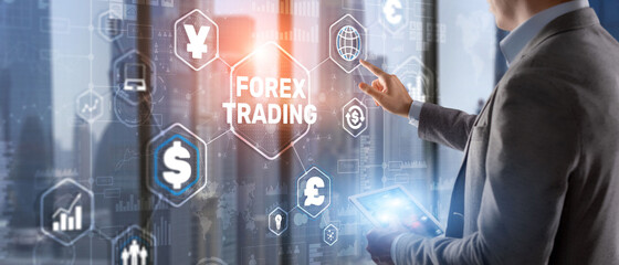 Fototapeta na wymiar Businessman touching finger on the virtual screen and selecting Forex Trading